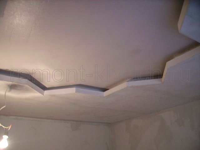 Штукатурка гипсовыми смесями устройства подвесного потолка из ГКЛ на основе металлокаркаса с центральной нишей в виде многогранника и стен