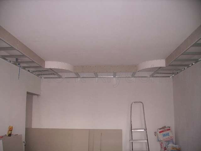 Общий вид устройства металлокаркаса на потолке в зале