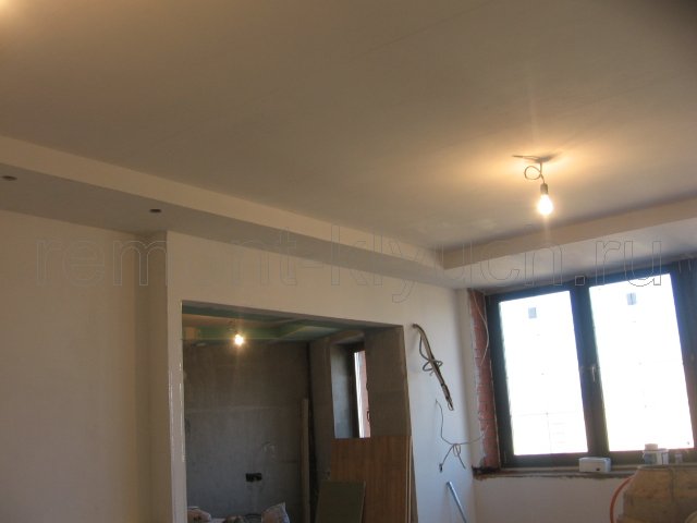 Шпатлевка стен, проема и подвесного потолка из ГКЛ, высверливание отверстий в подвесном потолке для точечных светильников