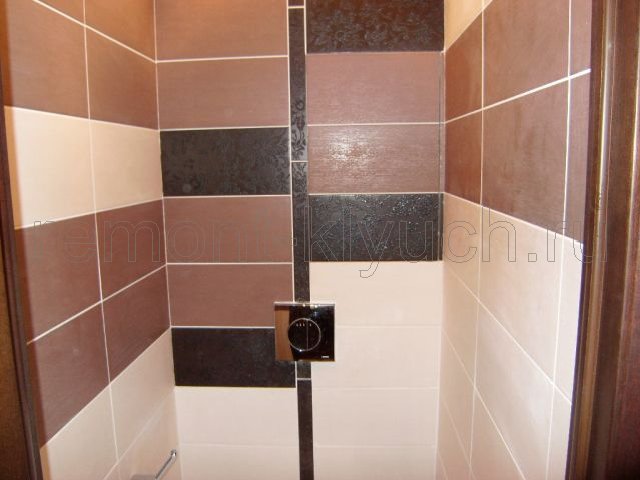 Вид облицованных стен туалета керамическими плитками, скомбинированных по цвету, устройство бордюра по вертикали, инсталяция унитаза