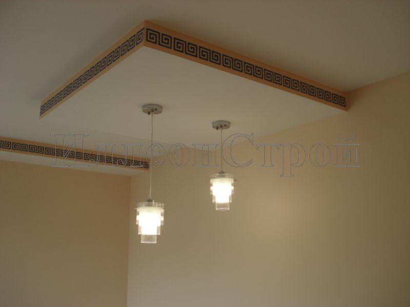 Установка потолочных светильников, отделка потолочного элемента из гипсокартона трафаретом